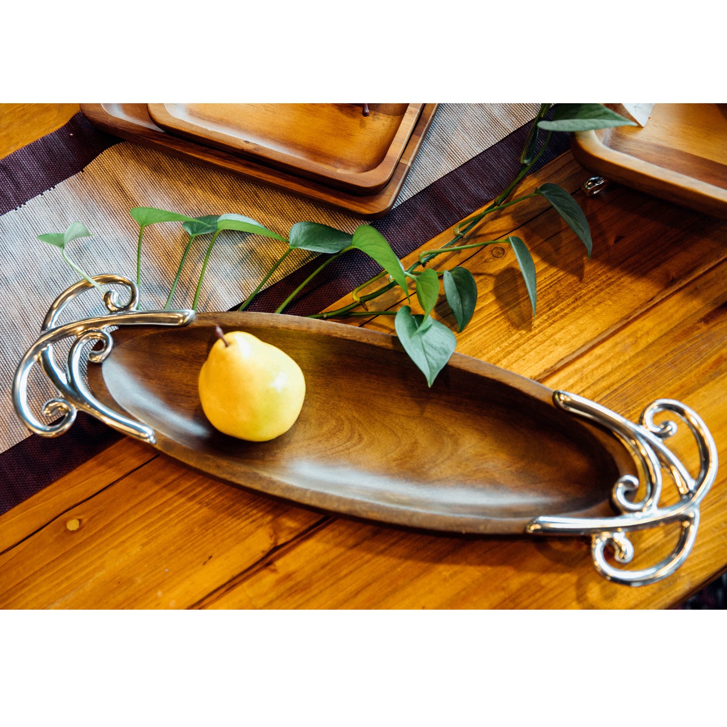 Edeng Indian wooden and aluminium alloy oblong plate,handmade